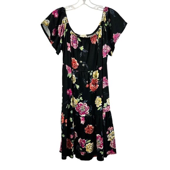 Sweet Lovely Off Shoulder Short Sleeve Floral A-Line Dress Black/Multi Medium - Picture 1 of 9